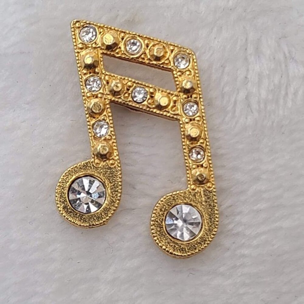 Gold Tone Musical Note Rhinestone Lapel Pin Music Theme Costume Jewelry - Picture 2 of 5